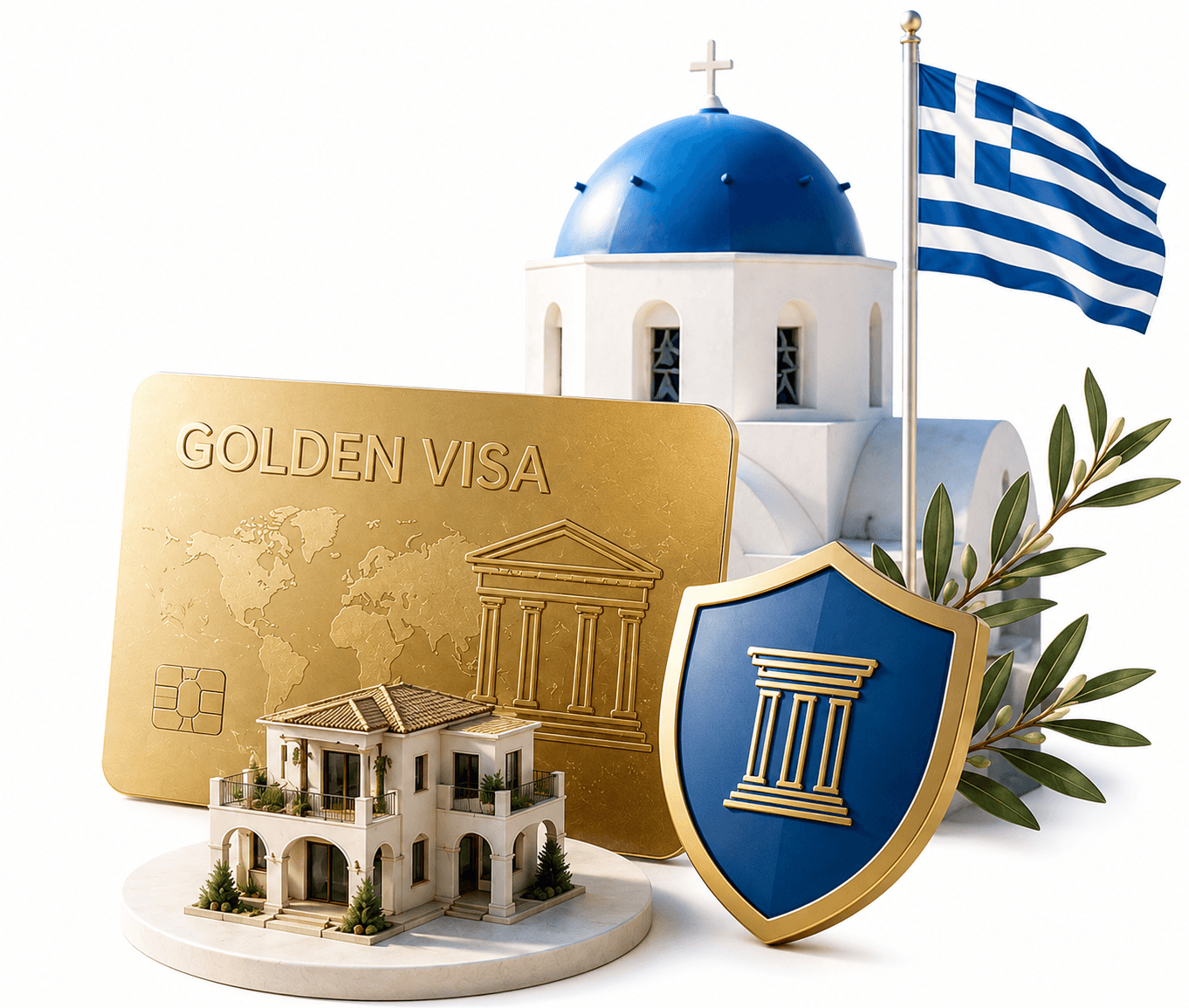 Golden Visa Greece — map, temple and flag of Greece
